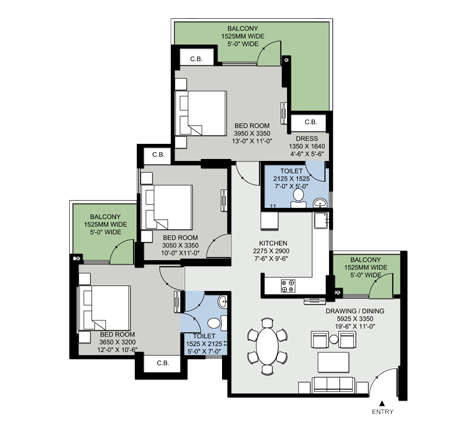 3BHK | 1505  sq.ft.
