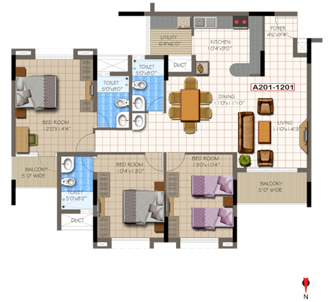 3 BHK Super Area - 1735  Sq Ft