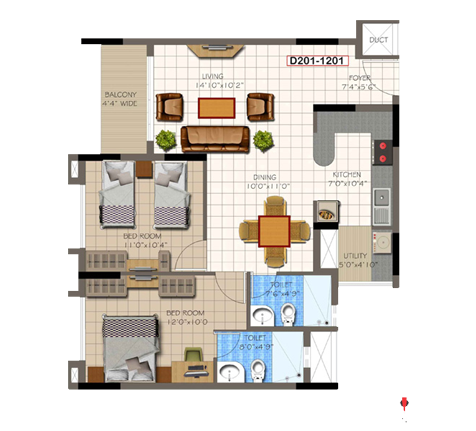 2 BHK Super Area - 1136 Sq Ft
