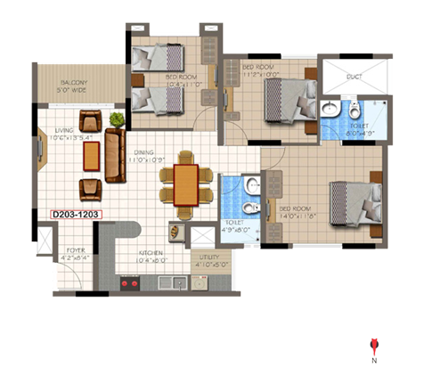 3 BHK Super Area - 1411  Sq Ft