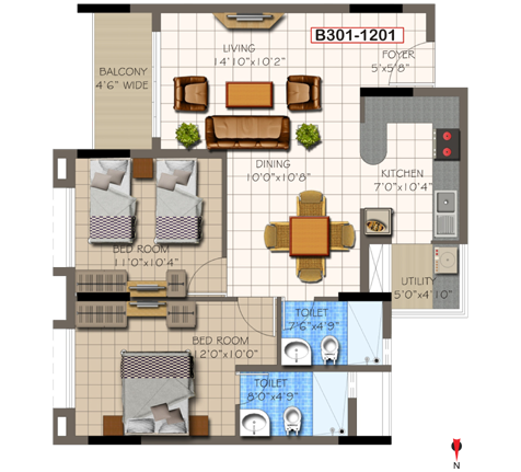 2 BHK Super Area - 1100  Sq Ft