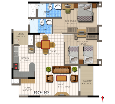 2 BHK Super Area - 1129  Sq Ft